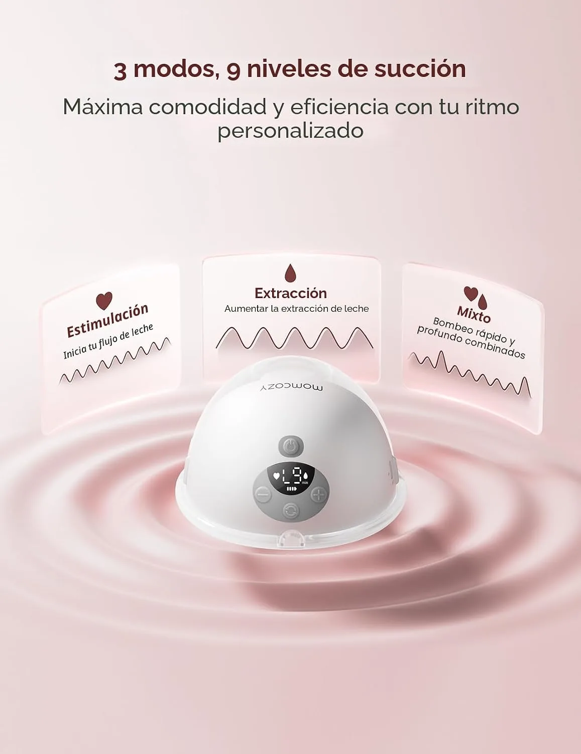 Extractor de leche materna portátil con sistema de succión adaptable Extractor de leche materna portátil en color blanco, marca Momcozy, modelo M5 Smart, acompañado de gráficos que representan diferentes patrones de succión.