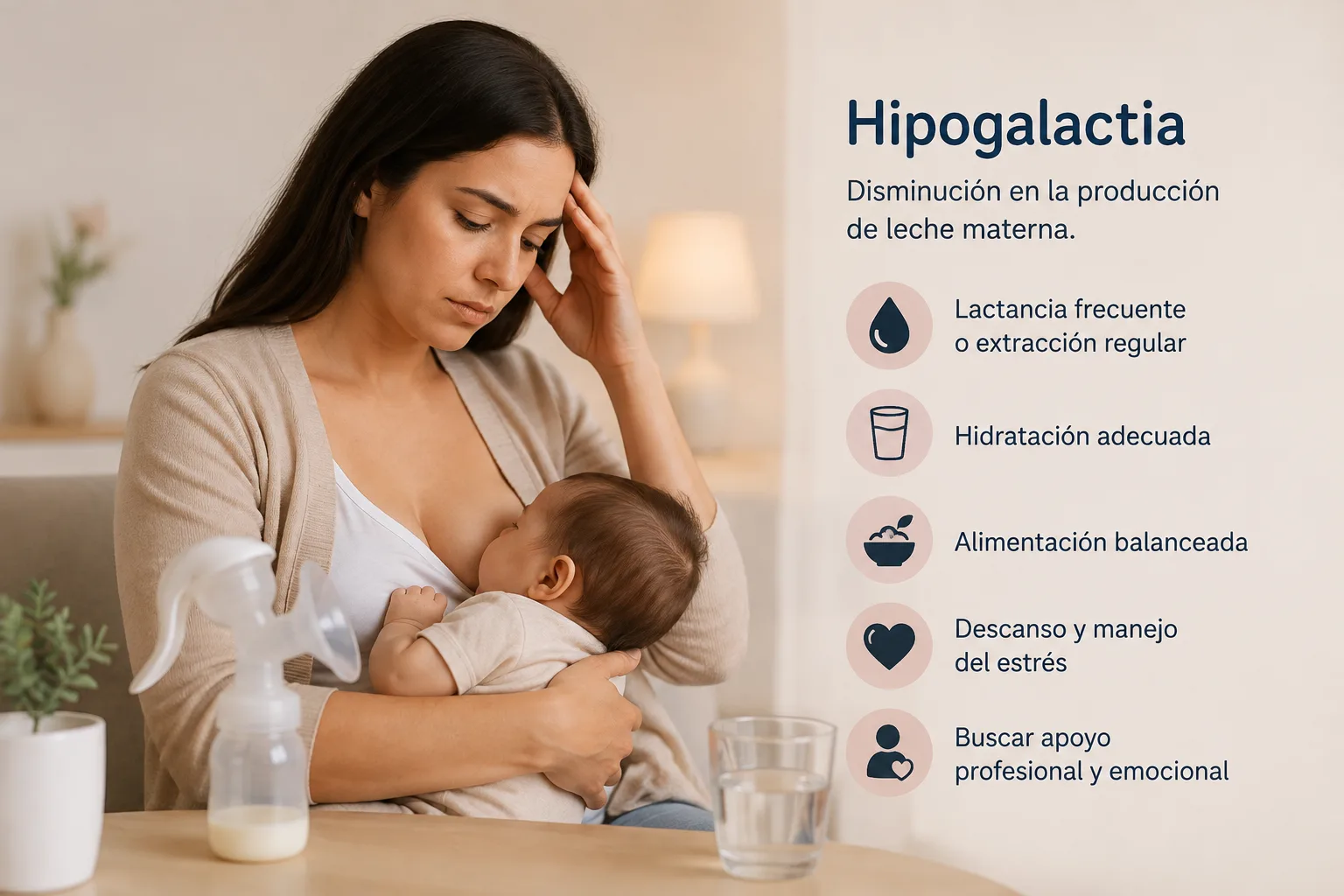 La imagen es una infografía sobre la hipogalactia (disminución en la producción de leche materna). Muestra a una madre con expresión de cansancio o preocupación mientras amamanta a su bebé, con un extractor de leche manual sobre la mesa. Infografía sobre la hipogalactia que muestra a una madre cansada amamantando a su bebé, junto con una lista de cinco recomendaciones para manejar la disminución en la producción de leche materna.